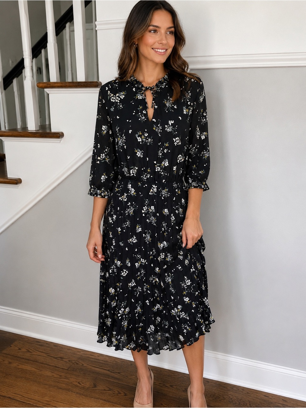 H&M Black Floral Print 3/4 Sleeve Dress with Accordion Pleated Skirt